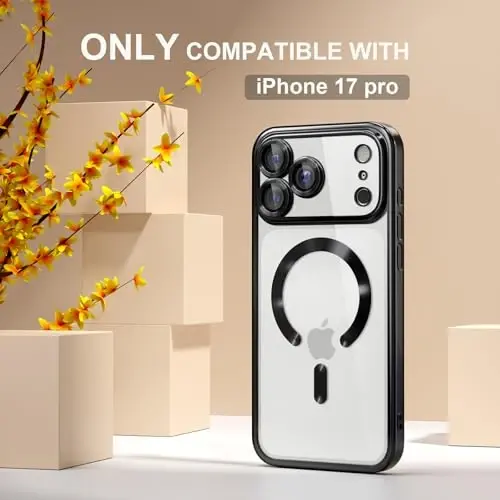 Misea Magnetic for iPhone 17 Pro Case Compatible with MagSafe Black | [Never Yellowing] [Military Drop Protection] Full Camera Lens Protector Plating Soft Clear Phone Case for Women, Black - MISEA (1)