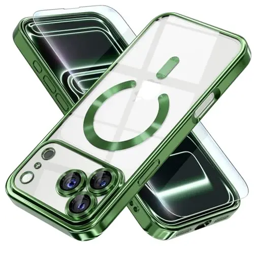 Misea Magnetic for iPhone 17 Pro Max Case Compatible MagSafe Green | [Never Yellowing] [Military Drop Protection] Full Camera Lens Protector Plating Soft Clear Phone Case for Women, Green 