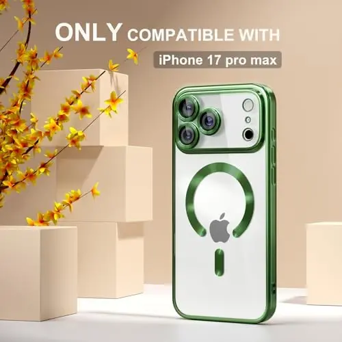 Misea Magnetic for iPhone 17 Pro Max Case Compatible MagSafe Green | [Never Yellowing] [Military Drop Protection] Full Camera Lens Protector Plating Soft Clear Phone Case for Women, Green - 2