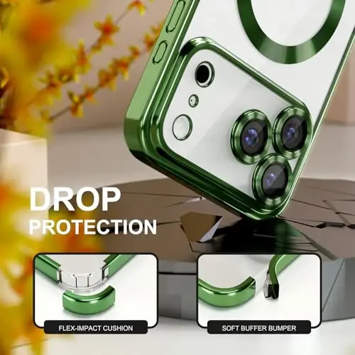 Misea Magnetic for iPhone 17 Pro Max Case Compatible MagSafe Green | [Never Yellowing] [Military Drop Protection] Full Camera Lens Protector Plating Soft Clear Phone Case for Women, Green - 4