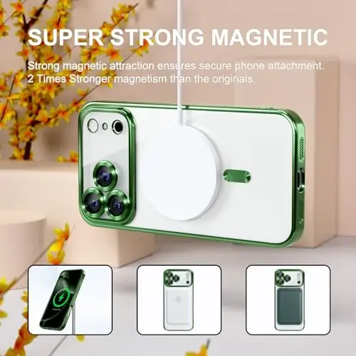 Misea Magnetic for iPhone 17 Pro Max Case Compatible MagSafe Green | [Never Yellowing] [Military Drop Protection] Full Camera Lens Protector Plating Soft Clear Phone Case for Women, Green - 5