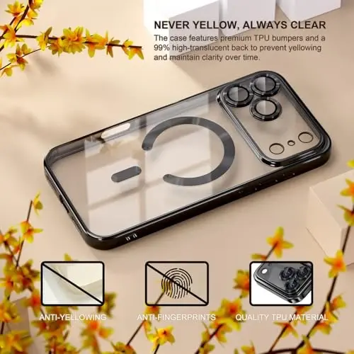 Misea Magnetic for iPhone 17 Pro Max Case Compatible MagSafe Black | [Never Yellowing] [Military Drop Protection] Full Camera Lens Protector Plating Soft Clear Phone Case for Women, Black - 3