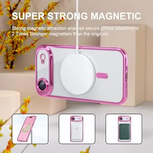 Misea Magnetic for iPhone 17 Air Case Compatible with MagSafe [Never Yellowing] [Military Grade Drop Protection] Full Camera Lens Protector Plating Soft Clear Phone Case for Women, Hot Pink - 5