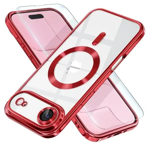 Misea Magnetic for iPhone 17 Air Case Compatible with MagSafe [Never Yellowing] [Military Grade Drop Protection] Full Camera Lens Protector Plating Soft Clear Phone Case for Women, Red 