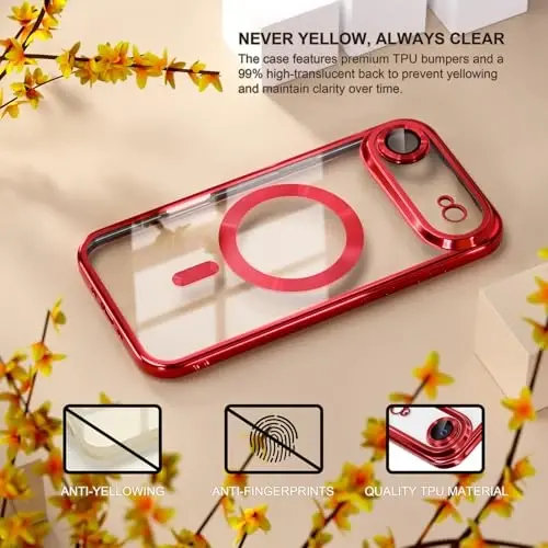 Misea Magnetic for iPhone 17 Air Case Compatible with MagSafe [Never Yellowing] [Military Grade Drop Protection] Full Camera Lens Protector Plating Soft Clear Phone Case for Women, Red - 3