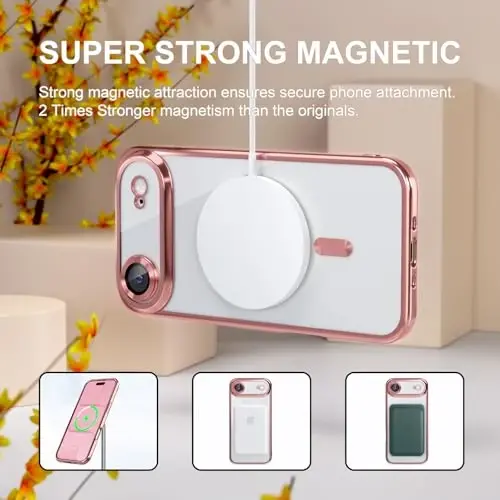 Misea Magnetic for iPhone 17 Air Case Compatible with MagSafe [Never Yellowing] [Military Grade Drop Protection] Full Camera Lens Protector Plating Soft Clear Phone Case for Women, Pink - 5