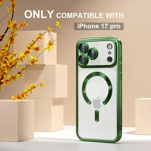 Misea Magnetic for iPhone 17 Pro Case Compatible with MagSafe Green | [Never Yellowing] [Military Drop Protection] Full Camera Lens Protector Plating Soft Clear Phone Case for Women, Green - MISEA (1)