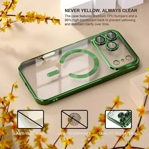 Misea Magnetic for iPhone 17 Pro Case Compatible with MagSafe Green | [Never Yellowing] [Military Drop Protection] Full Camera Lens Protector Plating Soft Clear Phone Case for Women, Green - 3