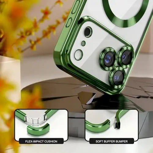 Misea Magnetic for iPhone 17 Pro Case Compatible with MagSafe Green | [Never Yellowing] [Military Drop Protection] Full Camera Lens Protector Plating Soft Clear Phone Case for Women, Green - 4