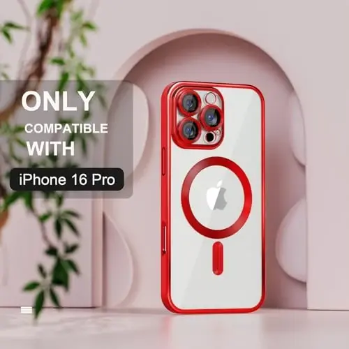 Misea Magnetic for iPhone 16 Pro Case Compatible with MagSafe Red | [Never Yellowing] [Military Drop Protection] Full Camera Lens Protector Plating Soft Clear Phone Case for Women, Red - MISEA (1)