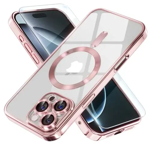 Misea Magnetic for iPhone 16 Pro Case Compatible with MagSafe Pink | [Never Yellowing] [Military Drop Protection] Full Camera Lens Protector Plating Soft Clear Phone Case for Women, Pink 
