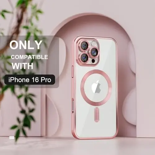 Misea Magnetic for iPhone 16 Pro Case Compatible with MagSafe Pink | [Never Yellowing] [Military Drop Protection] Full Camera Lens Protector Plating Soft Clear Phone Case for Women, Pink - 2