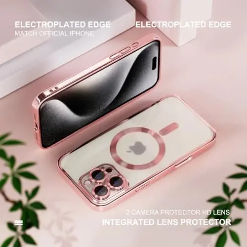 Misea Magnetic for iPhone 16 Pro Case Compatible with MagSafe Pink | [Never Yellowing] [Military Drop Protection] Full Camera Lens Protector Plating Soft Clear Phone Case for Women, Pink - 6