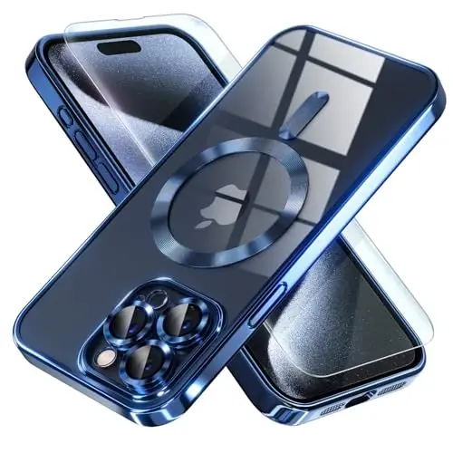 Misea Magnetic for iPhone 15 Pro Case Compatible with MagSafe | [Never Yellowing] [Military Drop Protection] Full Camera Lens Protector Plating Soft Clear Phone Case for Women, Deep Blue 