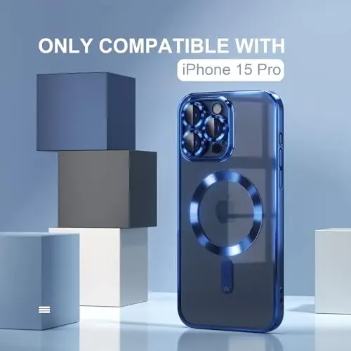 Misea Magnetic for iPhone 15 Pro Case Compatible with MagSafe | [Never Yellowing] [Military Drop Protection] Full Camera Lens Protector Plating Soft Clear Phone Case for Women, Deep Blue - 2