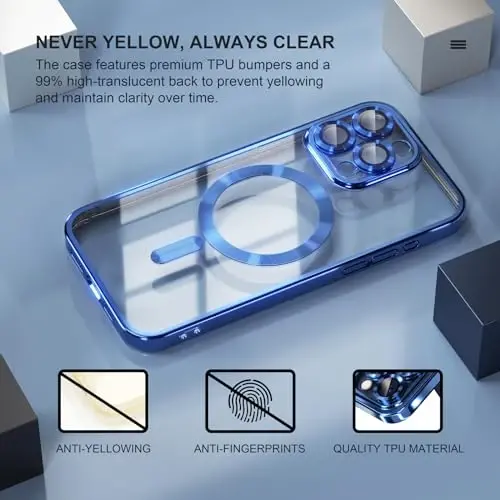 Misea Magnetic for iPhone 15 Pro Case Compatible with MagSafe | [Never Yellowing] [Military Drop Protection] Full Camera Lens Protector Plating Soft Clear Phone Case for Women, Deep Blue - 3