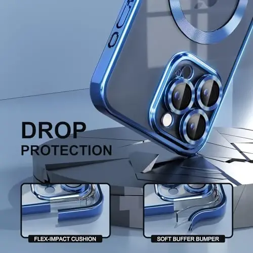 Misea Magnetic for iPhone 15 Pro Case Compatible with MagSafe | [Never Yellowing] [Military Drop Protection] Full Camera Lens Protector Plating Soft Clear Phone Case for Women, Deep Blue - 4