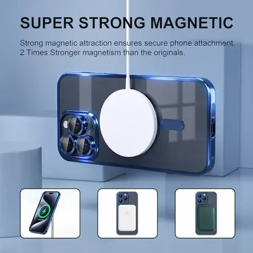 Misea Magnetic for iPhone 15 Pro Case Compatible with MagSafe | [Never Yellowing] [Military Drop Protection] Full Camera Lens Protector Plating Soft Clear Phone Case for Women, Deep Blue - 5