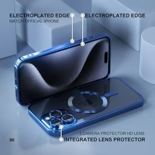 Misea Magnetic for iPhone 15 Pro Case Compatible with MagSafe | [Never Yellowing] [Military Drop Protection] Full Camera Lens Protector Plating Soft Clear Phone Case for Women, Deep Blue - 6