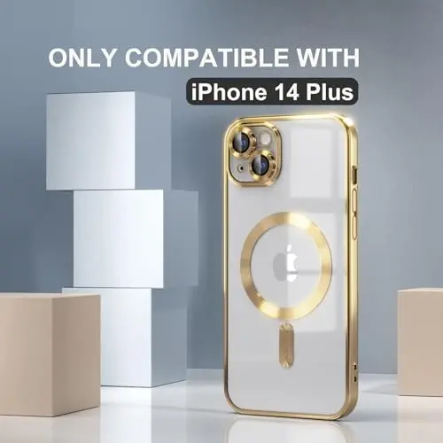Misea Magnetic for iPhone 14 Plus Case Compatible with MagSafe Gold | [Never Yellowing] [Military Drop Protection] Full Camera Lens Protector Plating Soft Clear Phone Case for Women, Gold - 2