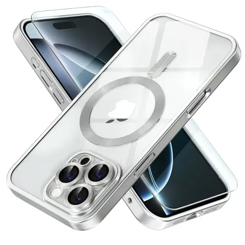 Misea Magnetic for iPhone 16 Pro Case Compatible with MagSafe | Never Yellowing, Military Drop Protection, Full Camera Lens Protector Plating Soft Clear Phone Case Women, Titanium Silver 