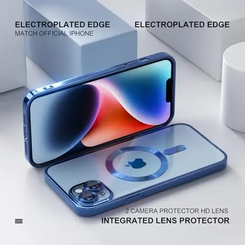 Misea Magnetic for iPhone 14 Plus Case Compatible with MagSafe | [Never Yellowing] [Military Drop Protection] Full Camera Lens Protector Plating Soft Clear Phone Case for Women, Deep Blue - 6