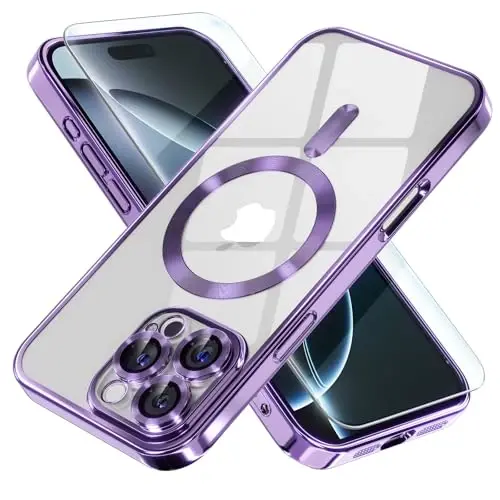 Misea Magnetic for iPhone 16 Pro Case Compatible with MagSafe | [Never Yellowing] [Military Drop Protection] Full Camera Lens Protector Plating Soft Clear Phone Case for Women, Deep Purple 