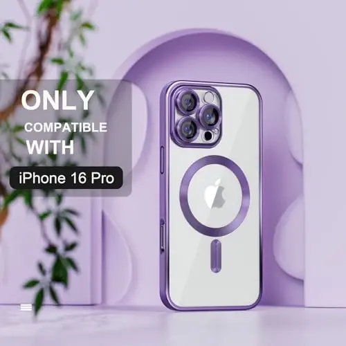 Misea Magnetic for iPhone 16 Pro Case Compatible with MagSafe | [Never Yellowing] [Military Drop Protection] Full Camera Lens Protector Plating Soft Clear Phone Case for Women, Deep Purple - MISEA (1)