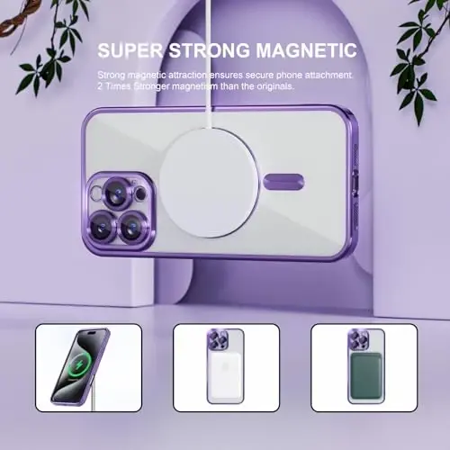 Misea Magnetic for iPhone 16 Pro Case Compatible with MagSafe | [Never Yellowing] [Military Drop Protection] Full Camera Lens Protector Plating Soft Clear Phone Case for Women, Deep Purple - 5
