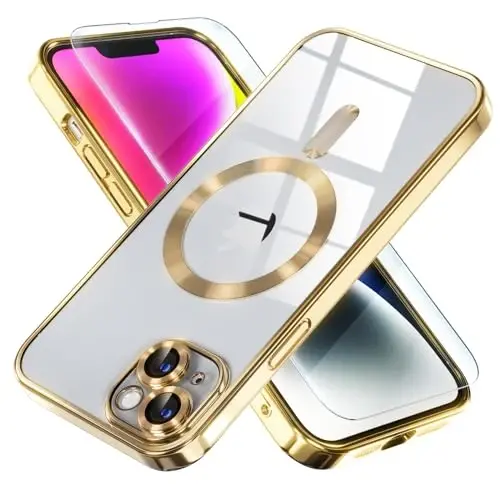 Misea Magnetic for iPhone 14 Case Compatible with MagSafe Gold | [Never Yellowing] [Military Drop Protection] Full Camera Lens Protector Plating Soft Clear Phone Case for Women, Gold 