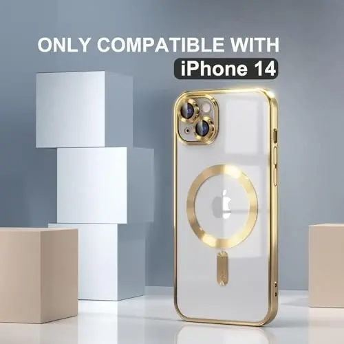 Misea Magnetic for iPhone 14 Case Compatible with MagSafe Gold | [Never Yellowing] [Military Drop Protection] Full Camera Lens Protector Plating Soft Clear Phone Case for Women, Gold - 2