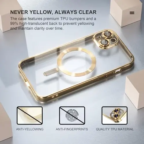 Misea Magnetic for iPhone 14 Case Compatible with MagSafe Gold | [Never Yellowing] [Military Drop Protection] Full Camera Lens Protector Plating Soft Clear Phone Case for Women, Gold - 3