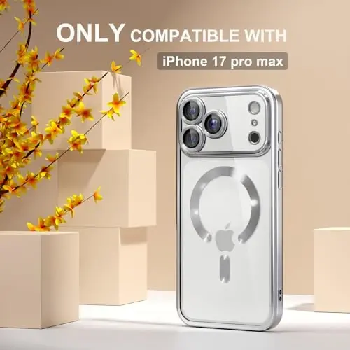 Misea Magnetic for iPhone 17 Pro Max Case Compatible MagSafe Silver | [Never Yellowing] [Military Drop Protection] Full Camera Lens Protector Plating Soft Clear Phone Case for Women, Silver - MISEA (1)