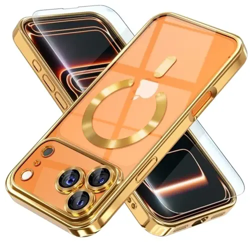Misea Magnetic for iPhone 17 Pro Case Compatible with MagSafe Gold | [Never Yellowing] [Military Drop Protection] Full Camera Lens Protector Plating Soft Clear Phone Case for Women, Gold 