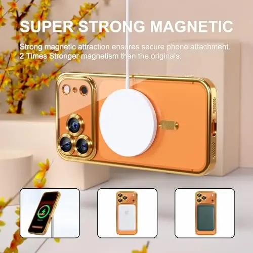 Misea Magnetic for iPhone 17 Pro Case Compatible with MagSafe Gold | [Never Yellowing] [Military Drop Protection] Full Camera Lens Protector Plating Soft Clear Phone Case for Women, Gold - 5