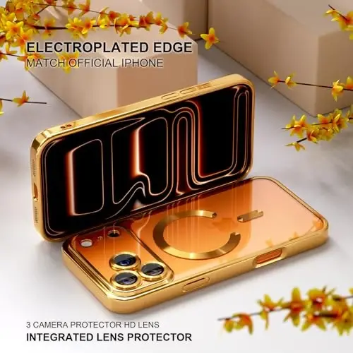 Misea Magnetic for iPhone 17 Pro Case Compatible with MagSafe Gold | [Never Yellowing] [Military Drop Protection] Full Camera Lens Protector Plating Soft Clear Phone Case for Women, Gold - 6