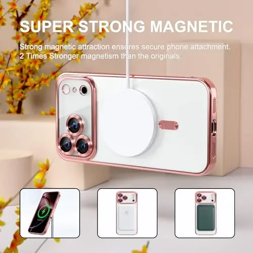 Misea Magnetic for iPhone 17 Pro Max Case Compatible MagSafe Pink | [Never Yellowing] [Military Drop Protection] Full Camera Lens Protector Plating Soft Clear Phone Case for Women, Pink - 5