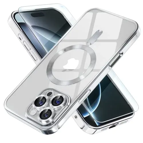 Misea Magnetic for iPhone 16 Pro Max Case Compatible with MagSafe Silver | [Never Yellowing] [Military Drop Protection] Full Camera Lens Protector Plating Soft Clear Phone Case for Women, Silver - 1