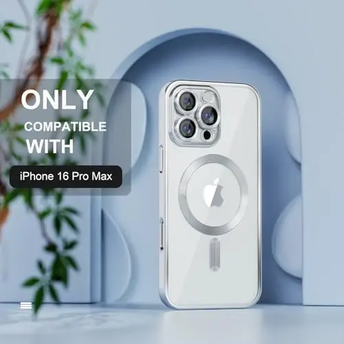 Misea Magnetic for iPhone 16 Pro Max Case Compatible with MagSafe Silver | [Never Yellowing] [Military Drop Protection] Full Camera Lens Protector Plating Soft Clear Phone Case for Women, Silver - MISEA (1)