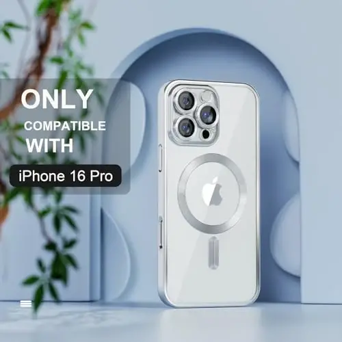 Misea Magnetic for iPhone 16 Pro Case Compatible with MagSafe Silver | [Never Yellowing] [Military Drop Protection] Full Camera Lens Protector Plating Soft Clear Phone Case for Women, Silver - MISEA (1)