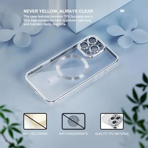Misea Magnetic for iPhone 16 Pro Case Compatible with MagSafe Silver | [Never Yellowing] [Military Drop Protection] Full Camera Lens Protector Plating Soft Clear Phone Case for Women, Silver - 3