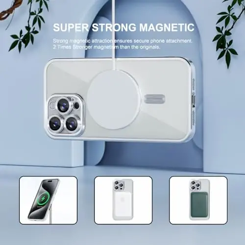 Misea Magnetic for iPhone 16 Pro Case Compatible with MagSafe Silver | [Never Yellowing] [Military Drop Protection] Full Camera Lens Protector Plating Soft Clear Phone Case for Women, Silver - 5