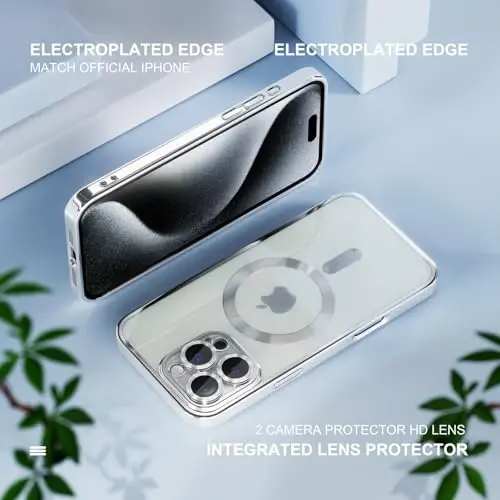 Misea Magnetic for iPhone 16 Pro Case Compatible with MagSafe Silver | [Never Yellowing] [Military Drop Protection] Full Camera Lens Protector Plating Soft Clear Phone Case for Women, Silver - 6