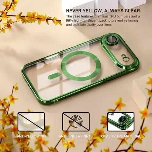 Misea Magnetic for iPhone 17 Air Case Compatible with MagSafe [Never Yellowing] [Military Grade Drop Protection] Full Camera Lens Protector Plating Soft Clear Phone Case for Women, Green - 3