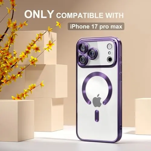 Misea Magnetic for iPhone 17 Pro Max Case Compatible with MagSafe [Never Yellowing] [Military Grade Drop Protection] Full Camera Lens Protector Plating Soft Clear Phone Case for Women, Deep Purple - 2