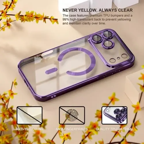 Misea Magnetic for iPhone 17 Pro Max Case Compatible with MagSafe [Never Yellowing] [Military Grade Drop Protection] Full Camera Lens Protector Plating Soft Clear Phone Case for Women, Deep Purple - 3