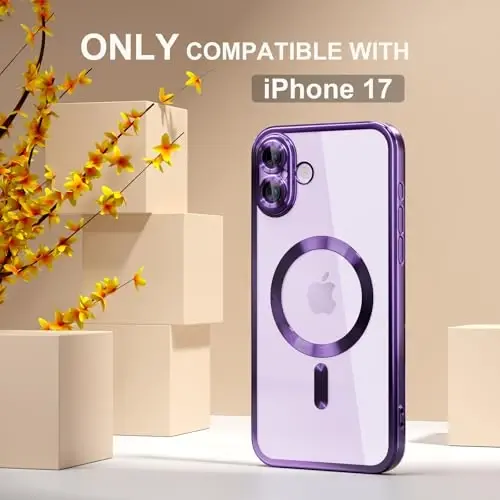 Misea Magnetic for iPhone 17 Case Compatible with MagSafe | [Never Yellowing] [Military Drop Protection] Full Camera Lens Protector Plating Soft Clear Phone Case for Women, Deep Purple - 2