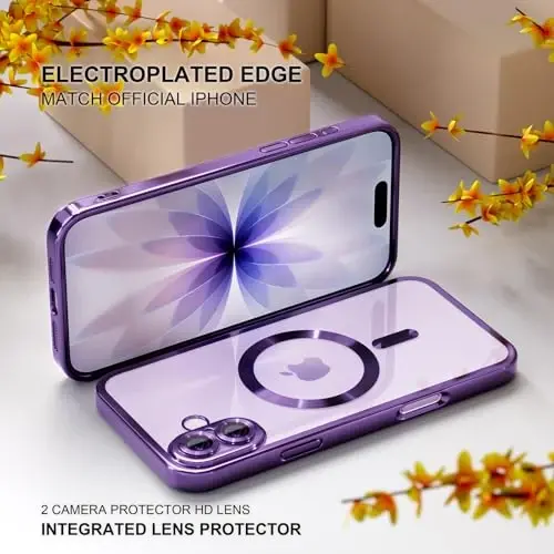Misea Magnetic for iPhone 17 Case Compatible with MagSafe | [Never Yellowing] [Military Drop Protection] Full Camera Lens Protector Plating Soft Clear Phone Case for Women, Deep Purple - 6