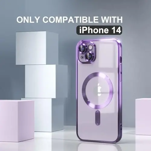 Misea Magnetic for iPhone 14 Case Compatible with MagSafe | [Never Yellowing] [Military Drop Protection] Full Camera Lens Protector Plating Soft Clear Phone Case for Women, Deep Purple - 2
