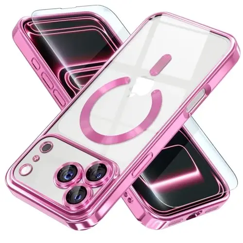 Misea Magnetic for iPhone 17 Pro Max Case Compatible MagSafe Hot Pink | [Never Yellowing] [Military Drop Protection] Full Camera Lens Protector Plating Soft Clear Phone Case for Women, Hot Pink 